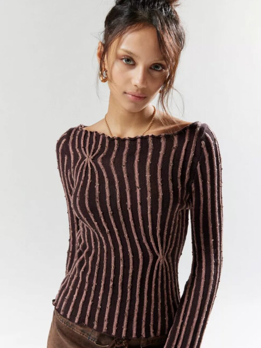 UO Silence + Noise Reagan Textured Boat Neck Sweater Brown